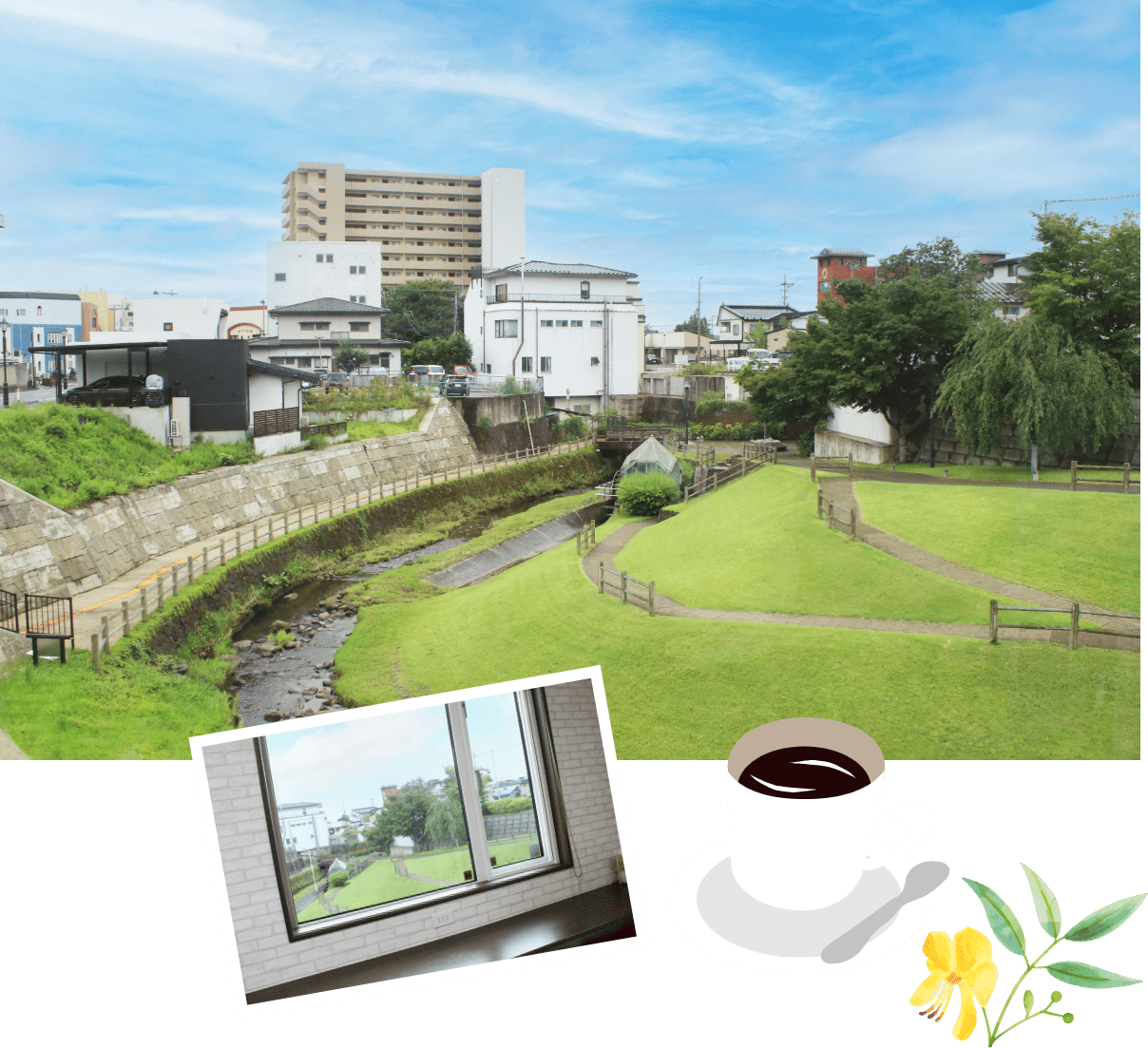 CAFE312店内から見た大堰川プロムナードの風景