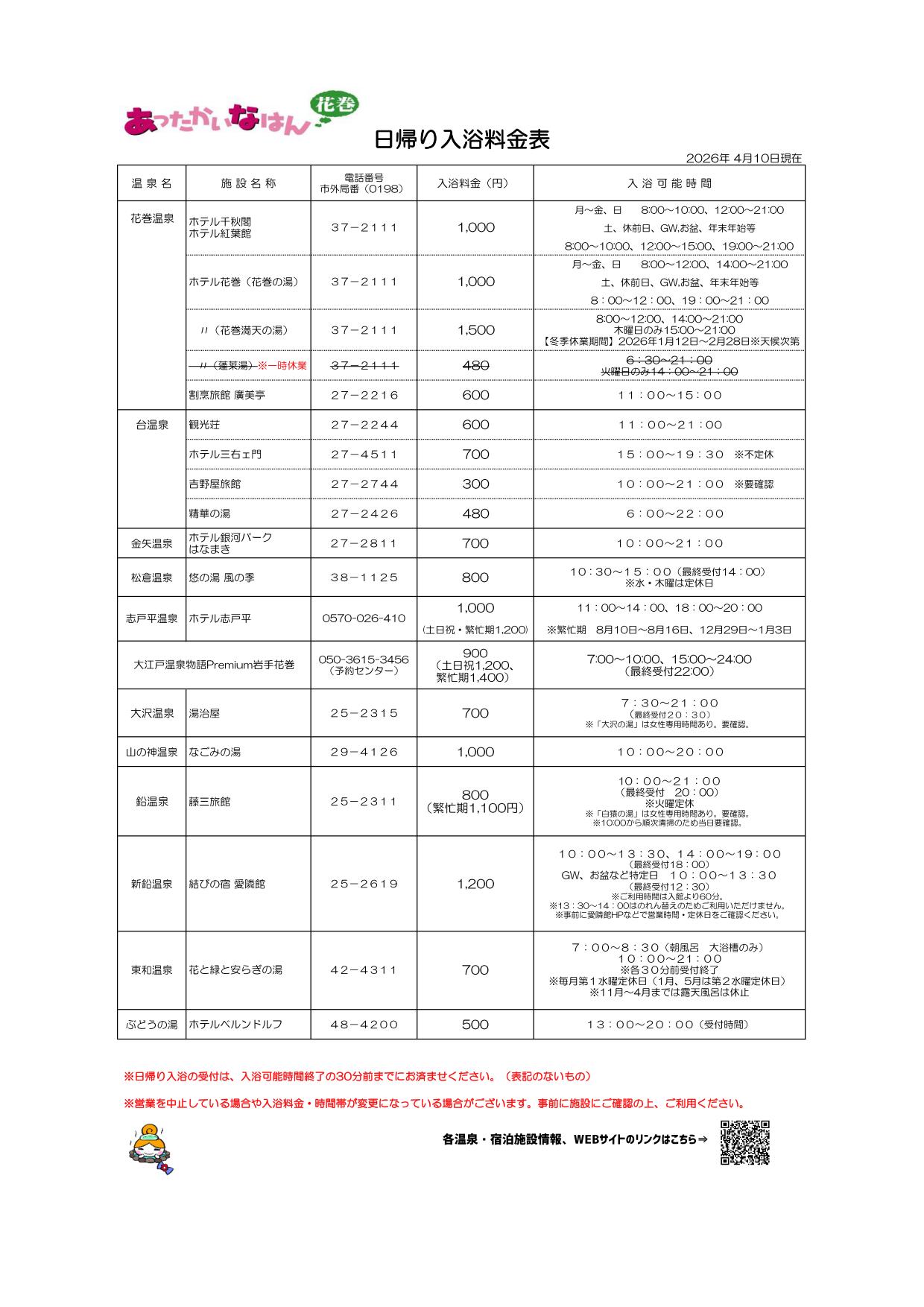 日帰り入浴料金表（R8.4.10）
