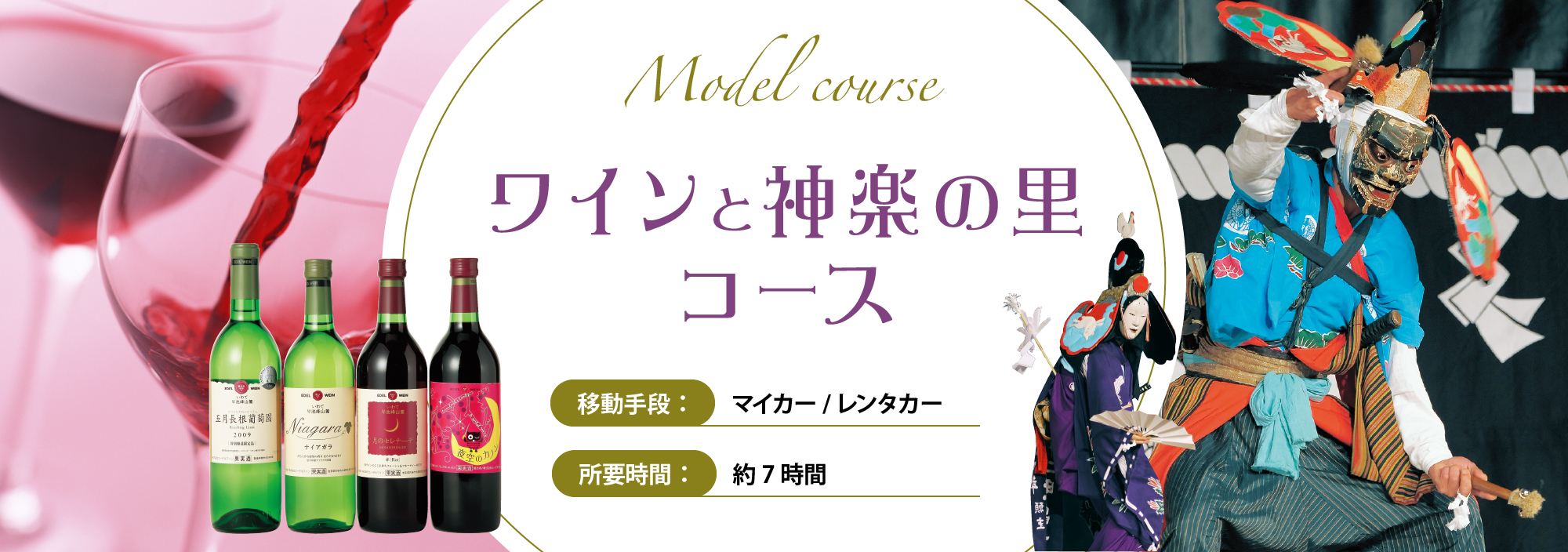 ワインと神楽の里コース　移動手段：マイカー/レンタカー　所要時間：約7時間