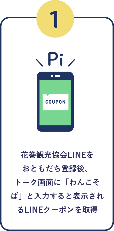 花巻観光協会LINEをおともだち登録後、トーク画面に「わんこそば」と入力すると表示されるLINEクーポンを取得