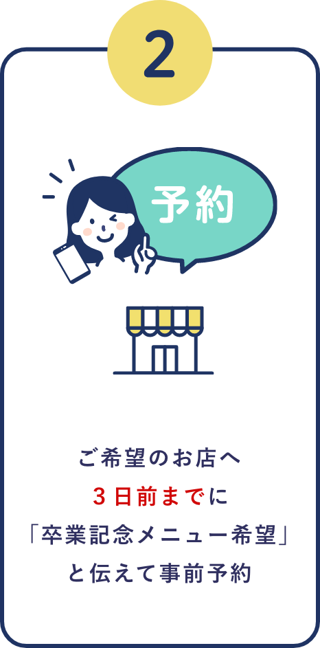 ご希望のお店へ３日前までに「卒業記念メニュー希望」と伝えて事前予約